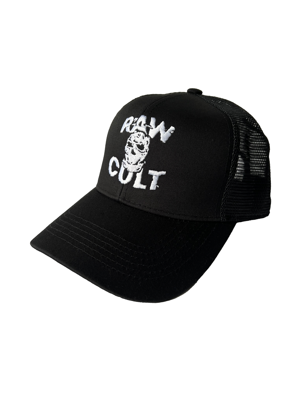 RAW CULT | Embroidered Mask CULT Trucker Cap - White on Black