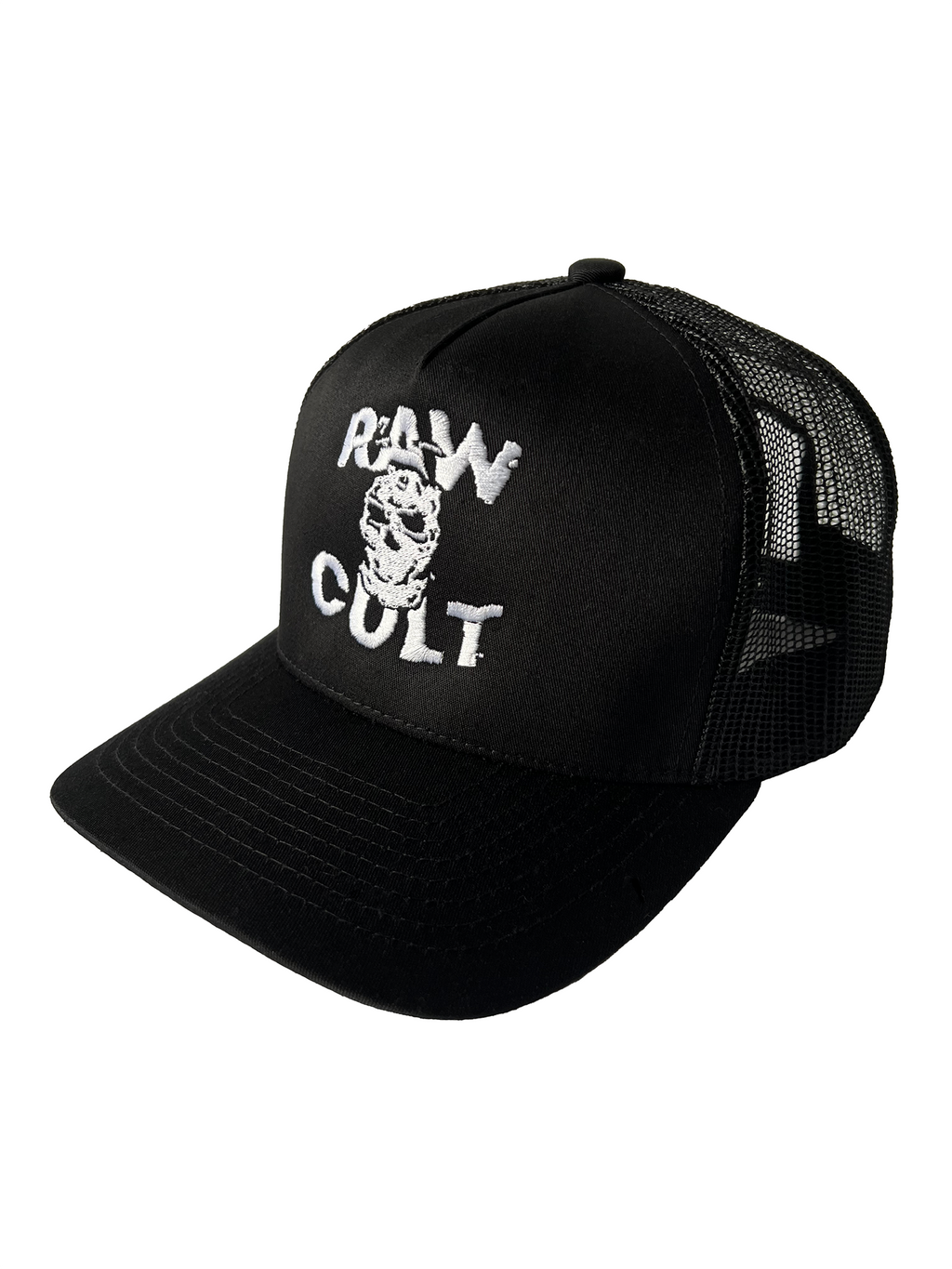 RAW CULT | Embroidered Mask CULT Mesh Back Cap - White on Black